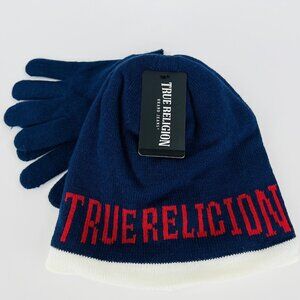 True Religion Kids Beanie & Gloves 2-Pieces Set Blue Red Logo Front One Size NWT